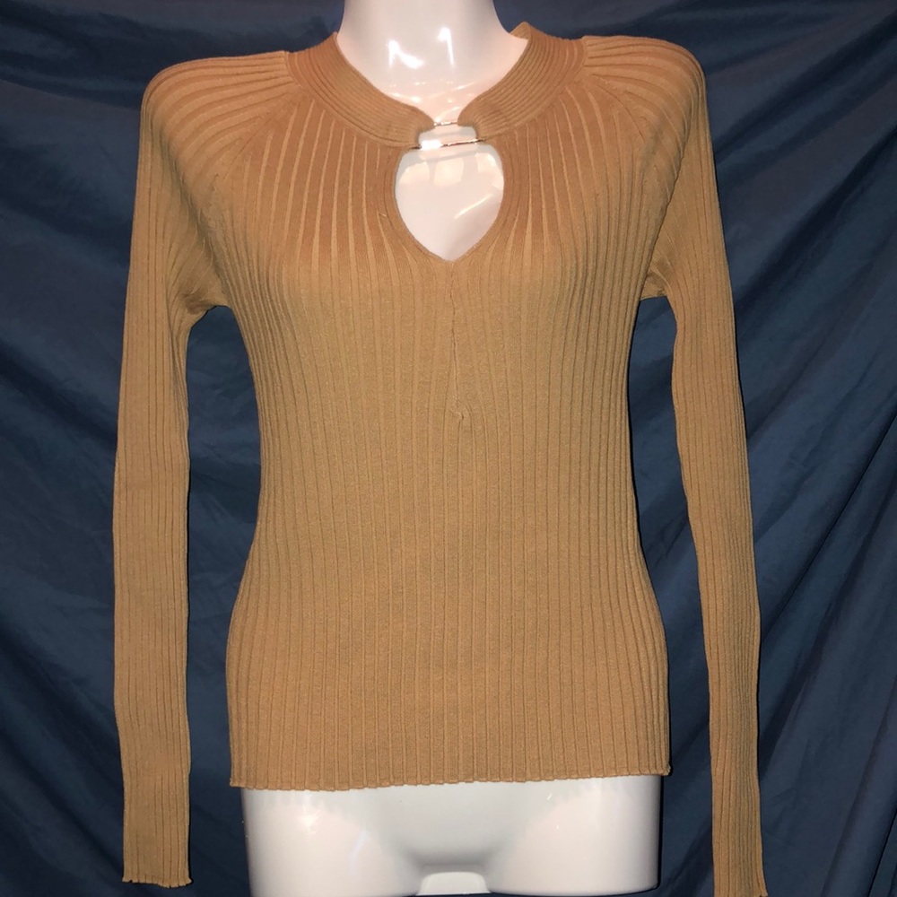 Venus long sleeved tan sweater with cutout “choker” neckline- size S